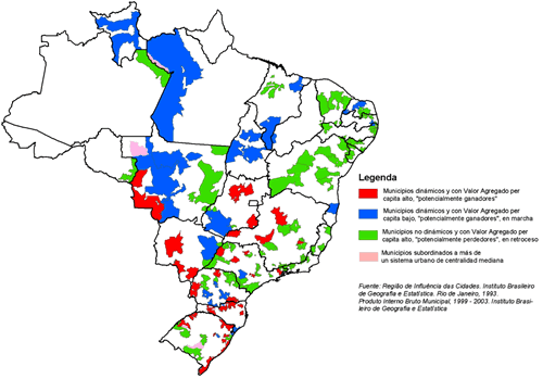 Brasil: Sistemas urbanos de centralidad mediana ganadores y perdedores (1999-2003)