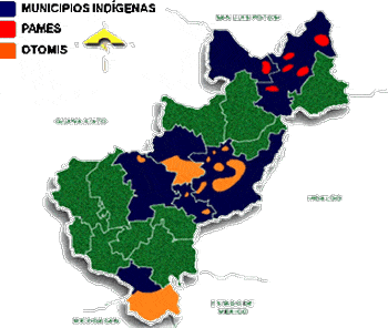Mapa de municipios con población indígena en el estado de Querétaro, México