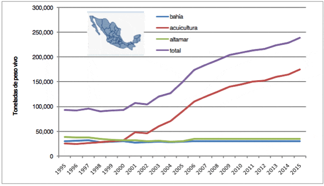 Producción nacional de camarón en México y proyección de 2007 a 2015. Fuente: Elaboración propia con datos de FIRA 2009